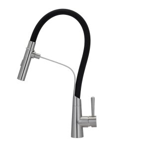 E2 Stainless Solid Stainless Steel Hot & Cold Water Gooseneck Faucet w/ Single Lever Water Control, Retractable Spray Head and Selectable Spray Patterns -CW-118 -Belvedere