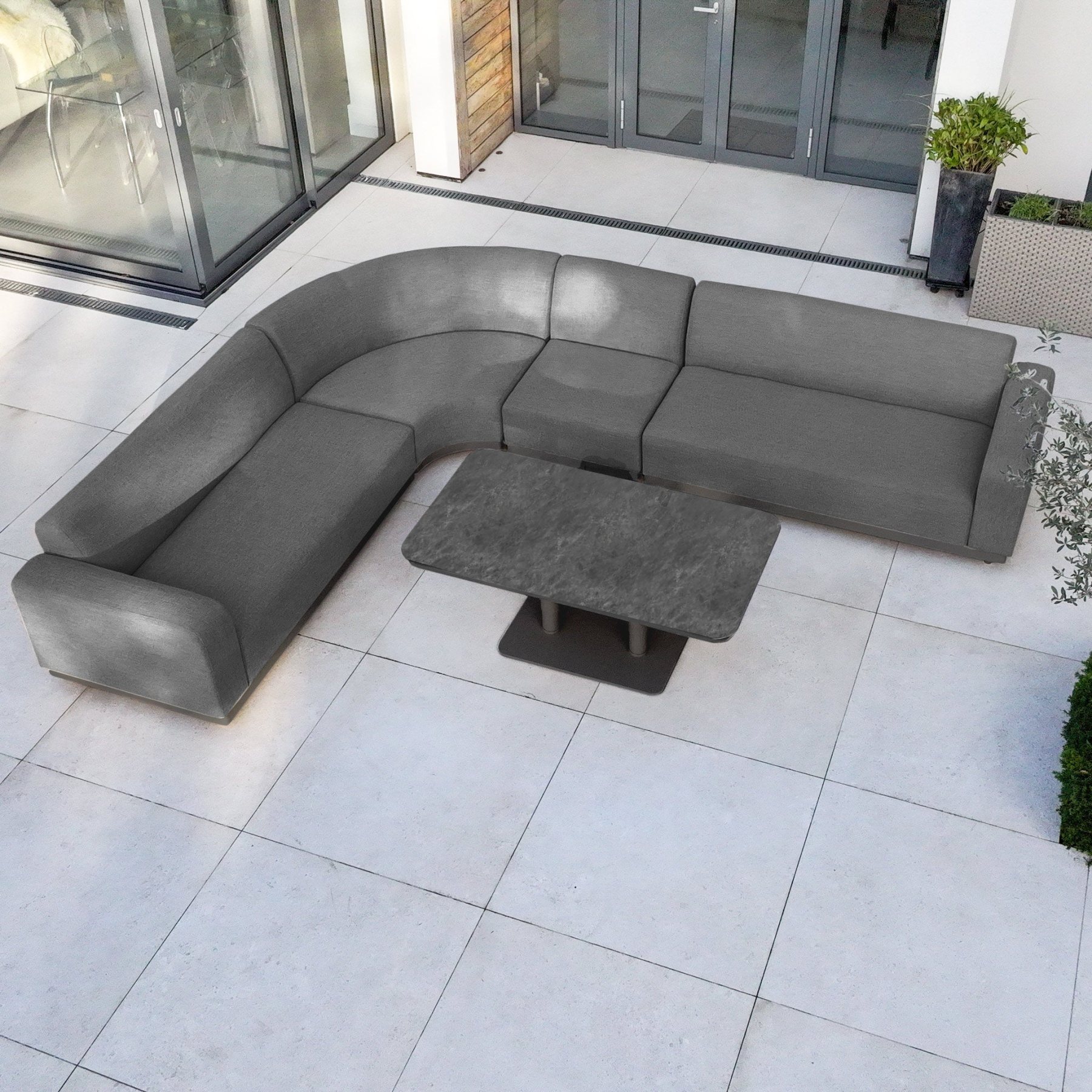 Luna Outdoor Fabric Large Curved Corner Sofa Set with Altura Rising Table in Grey product detail