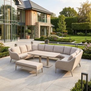 Luna U-Shape Outdoor Fabric Corner Dining Set with Altura Rising Table in Fawn