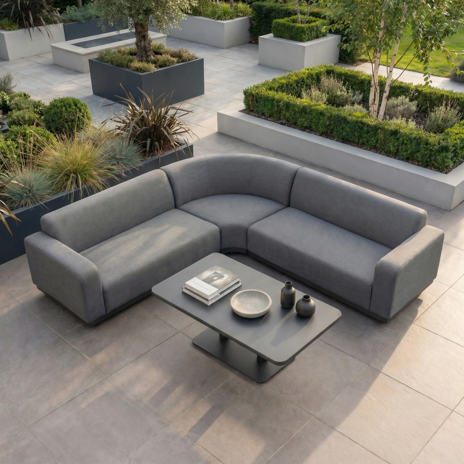 Luna Outdoor Fabric Curved Corner Sofa Set with Altura Rising Table in Grey product detail