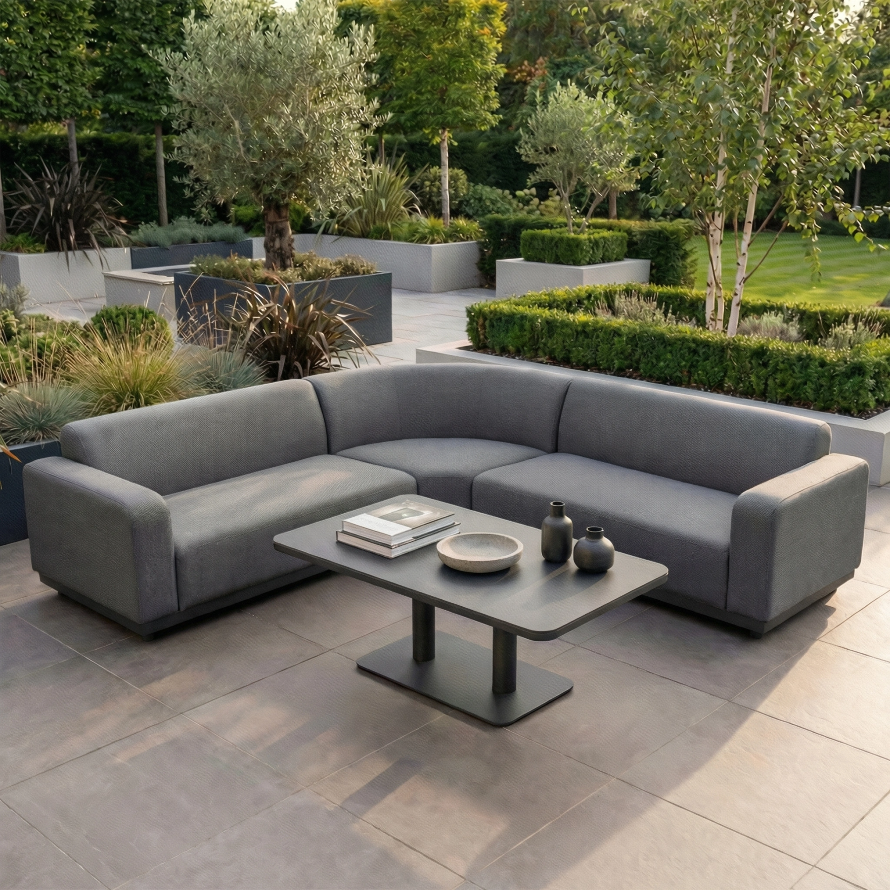 Luna Outdoor Fabric Curved Corner Sofa Set with Altura Rising Table in Grey