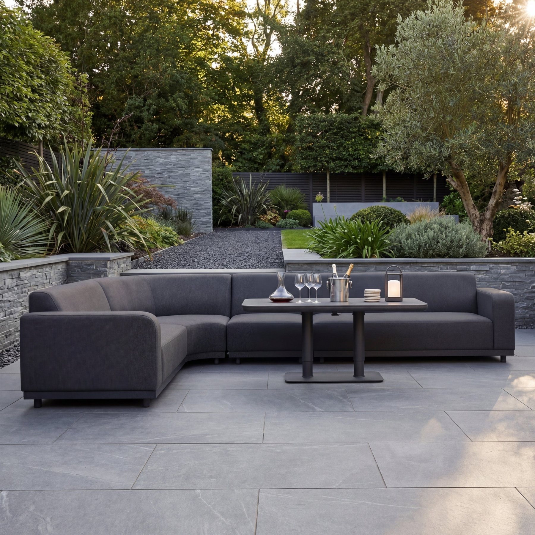 Luna Outdoor Fabric Large Curved Corner Sofa Set with Altura Rising Table in Grey