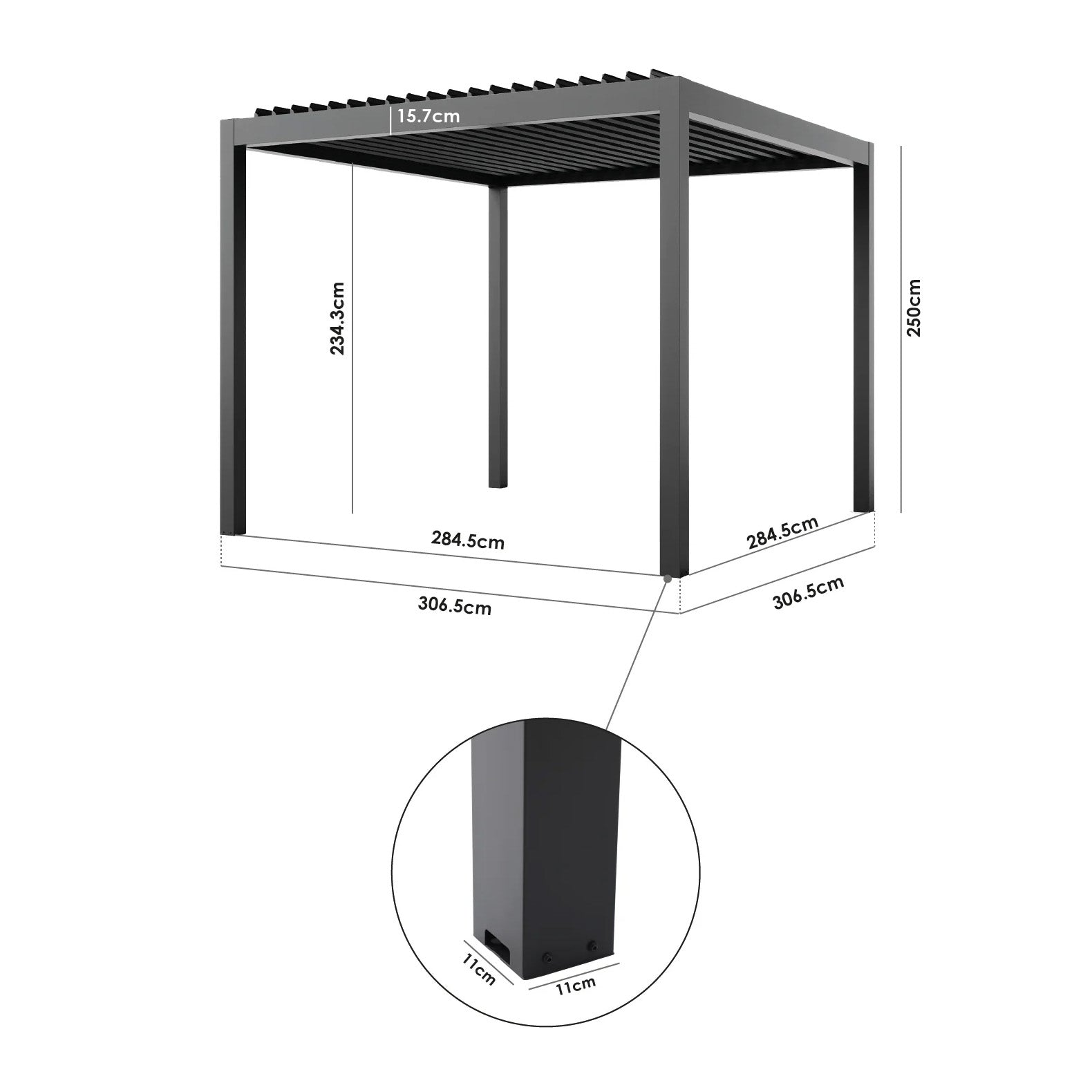 PergoSTET Pro 3m x 3m Square Pergola with 3 Manual Side Blinds and LED Lighting in Grey