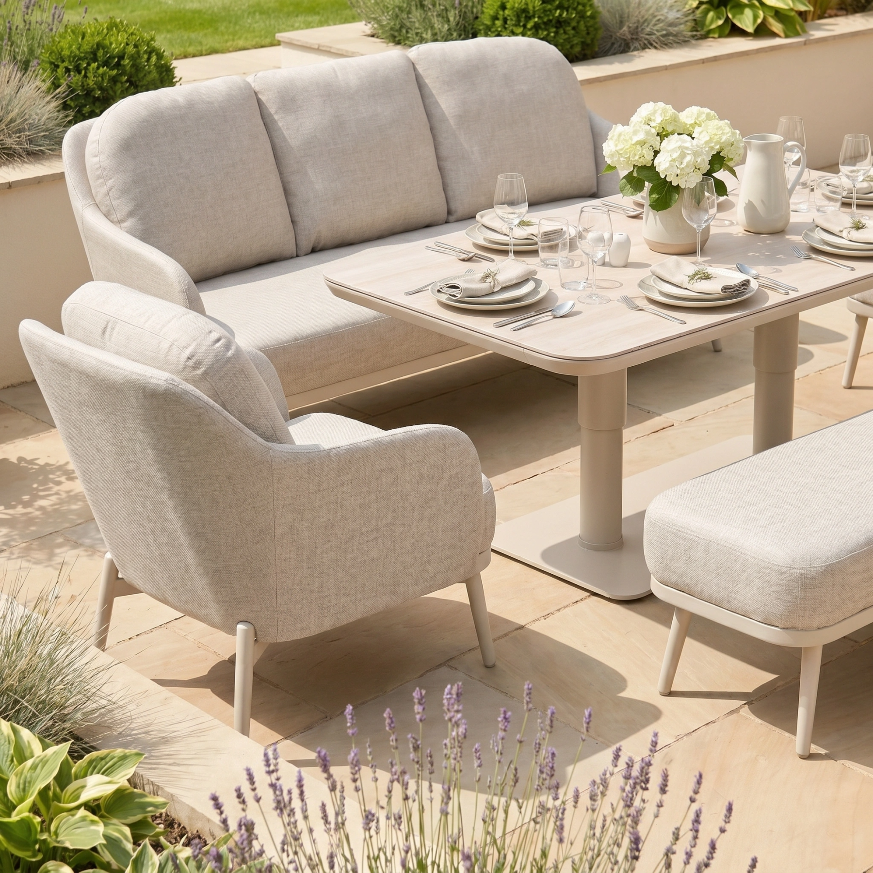 Alva 3 Seat Sofa Dining Set with Rising Table in Fawn product detail