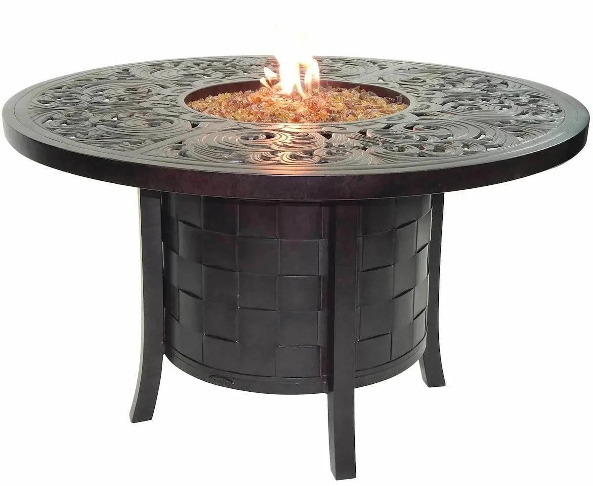 Castelle Classical 49" Round Fire Pit Dining Table with Live Edge Driftwood Top and Antique Dark Rum Finish