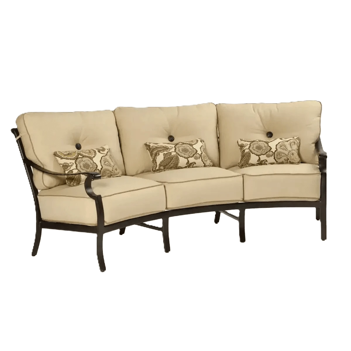Castelle Monterey Cushioned Crescent Sofa in Antique Dark Rum Finish with Chartres Malt Cushion and Pillows