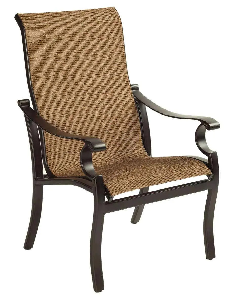 Castelle Monterey Sling Dining Chair with Antique Dark Rum Frame and Mingle Fabric