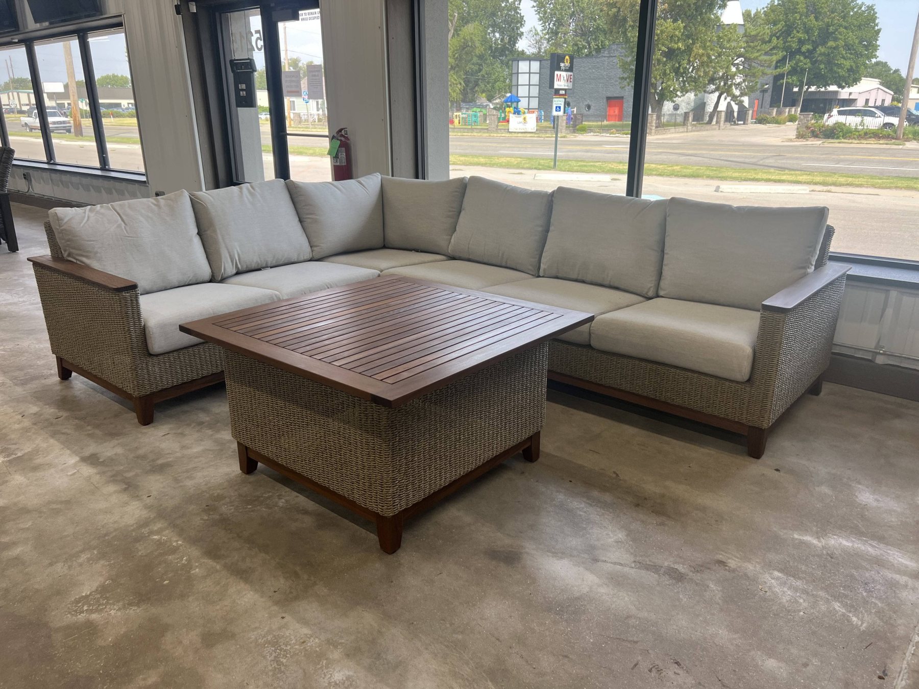 Local Special: Jensen Coral Sectional in Natural Weave with Premier Fog Fabric and Square Chat Table