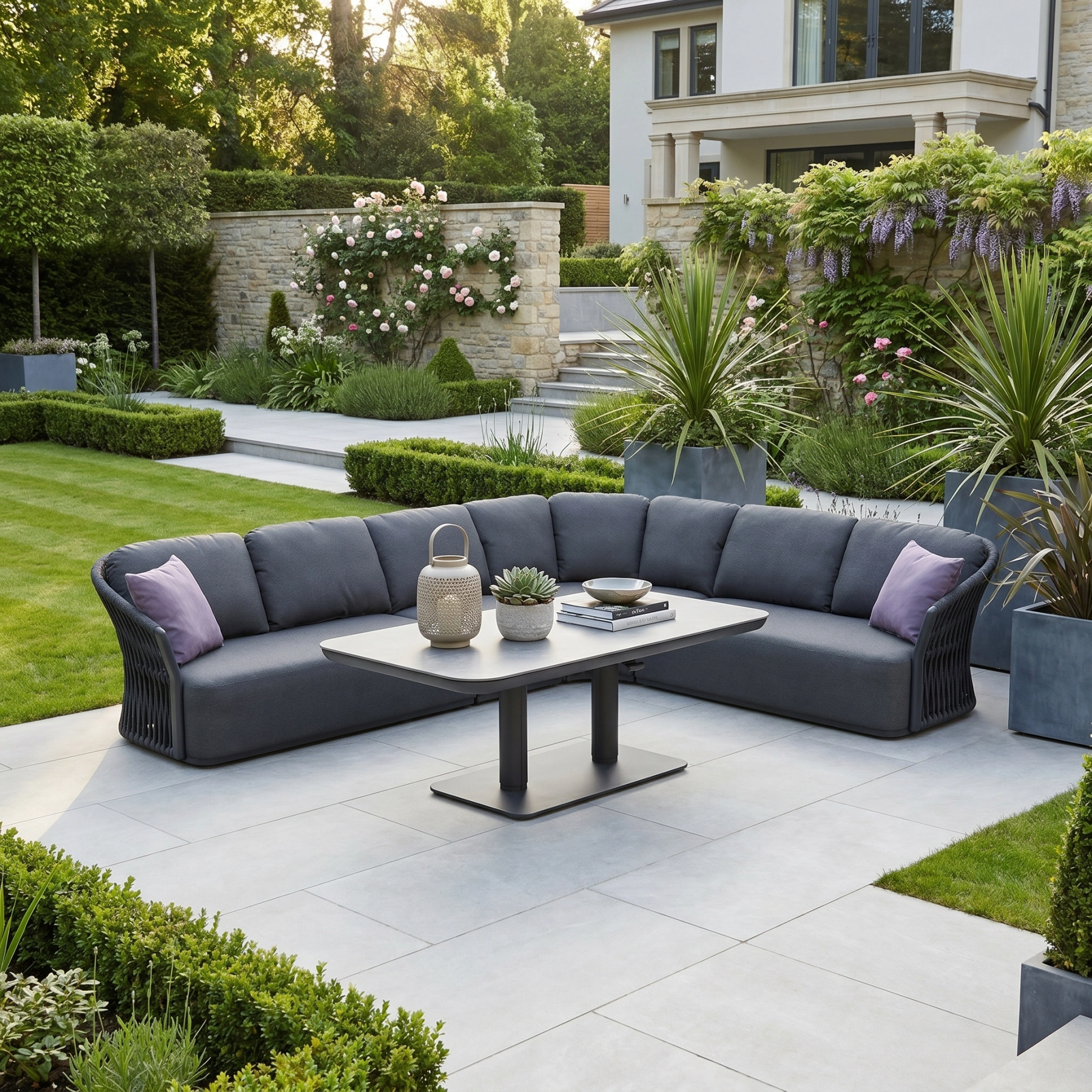 Pello Deluxe Curved Sofa Set with Altura Rising Table in Grey