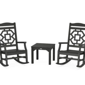 POLYWOOD Chinoiserie 3-Piece Rocking Chair Set in Black