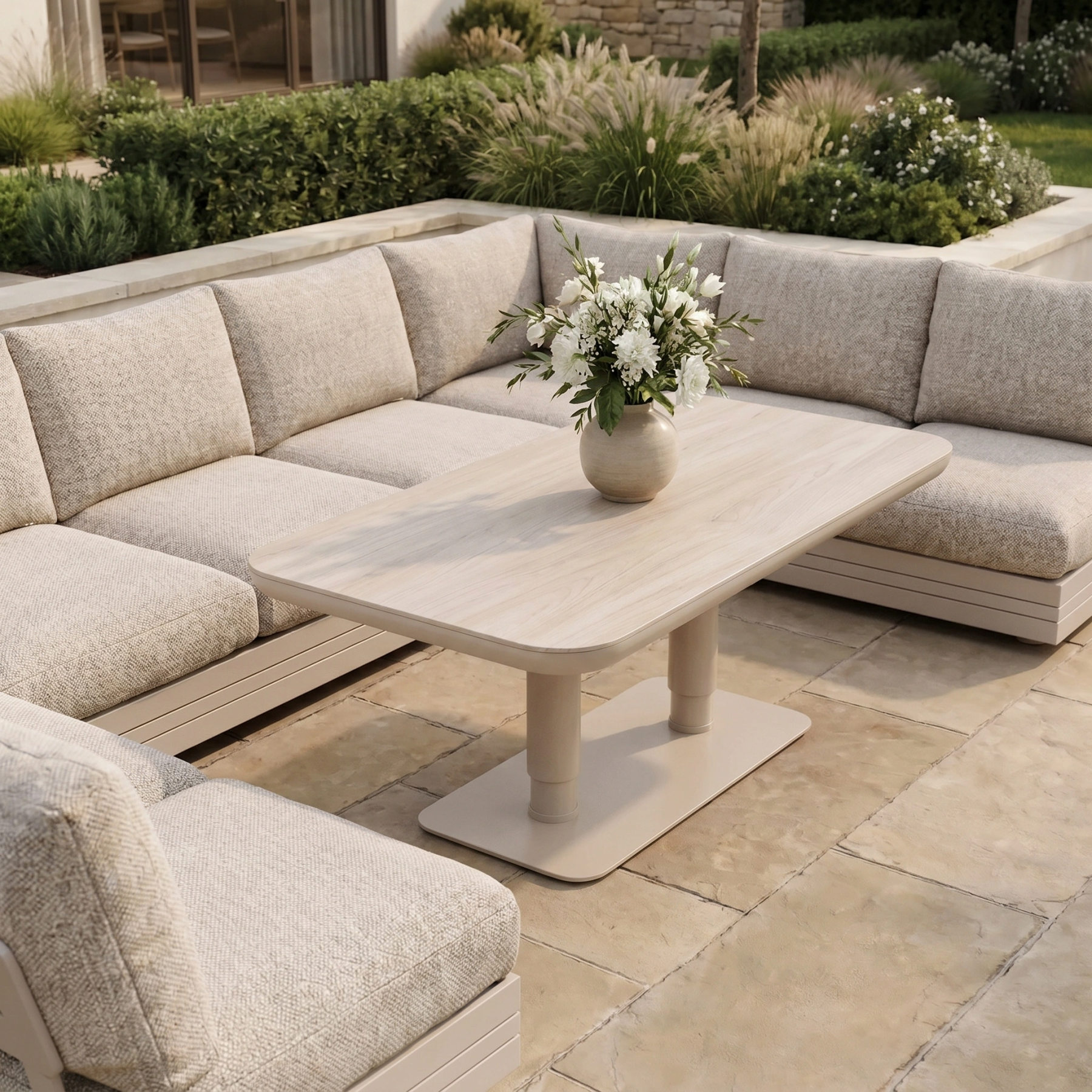 Savona Luxury Outdoor Large U-Shape Corner Sofa Set with Altura Rising Table in Oatmeal