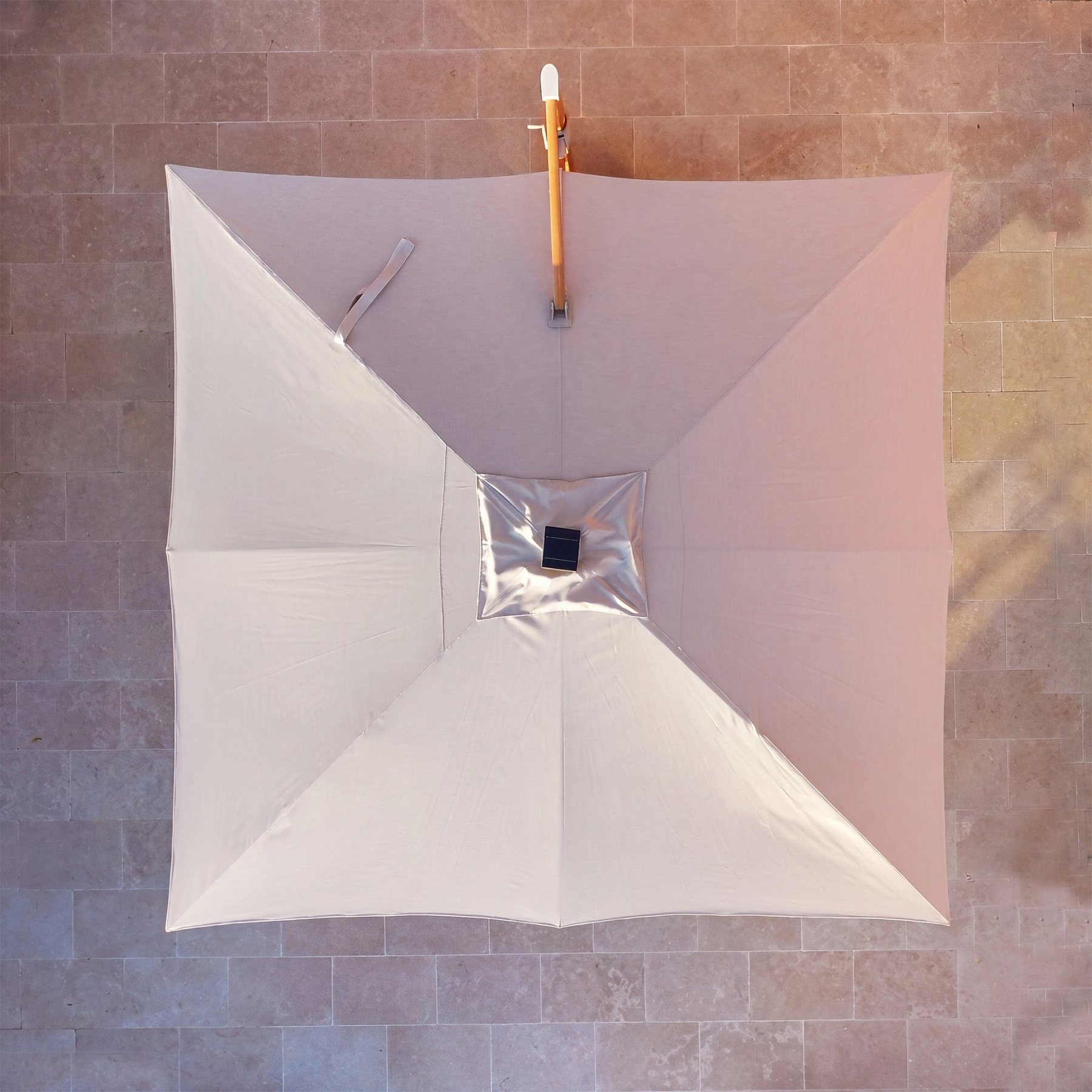 Volos 3m x 3m Square Cantilever Parasol with LED Lighting and 120kg Granite Base in Wheat and Wood Effect